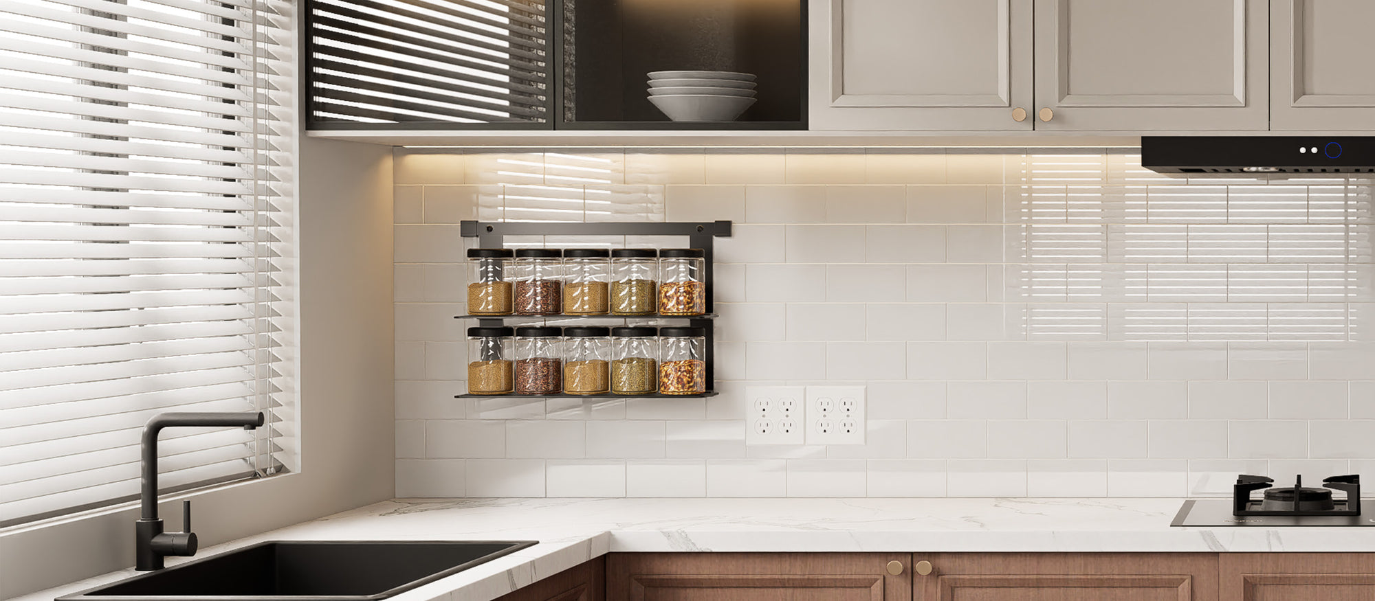 Glossy Pure White subway peel and stick backsplash tiles installed on a bright kitchen backsplash wall after installation