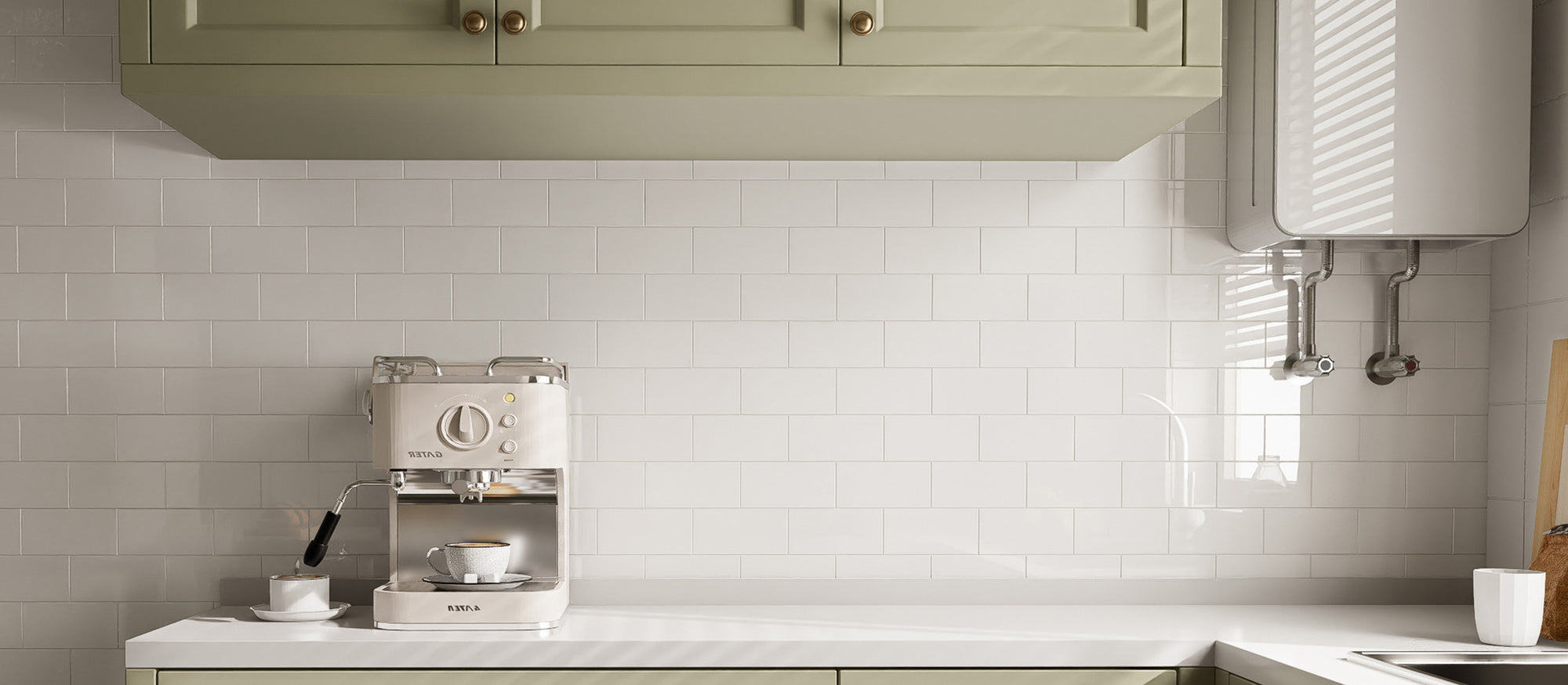 Glossy Pure White rectangle peel and stick backsplash tiles used on a bright coffee bar wall after installation
