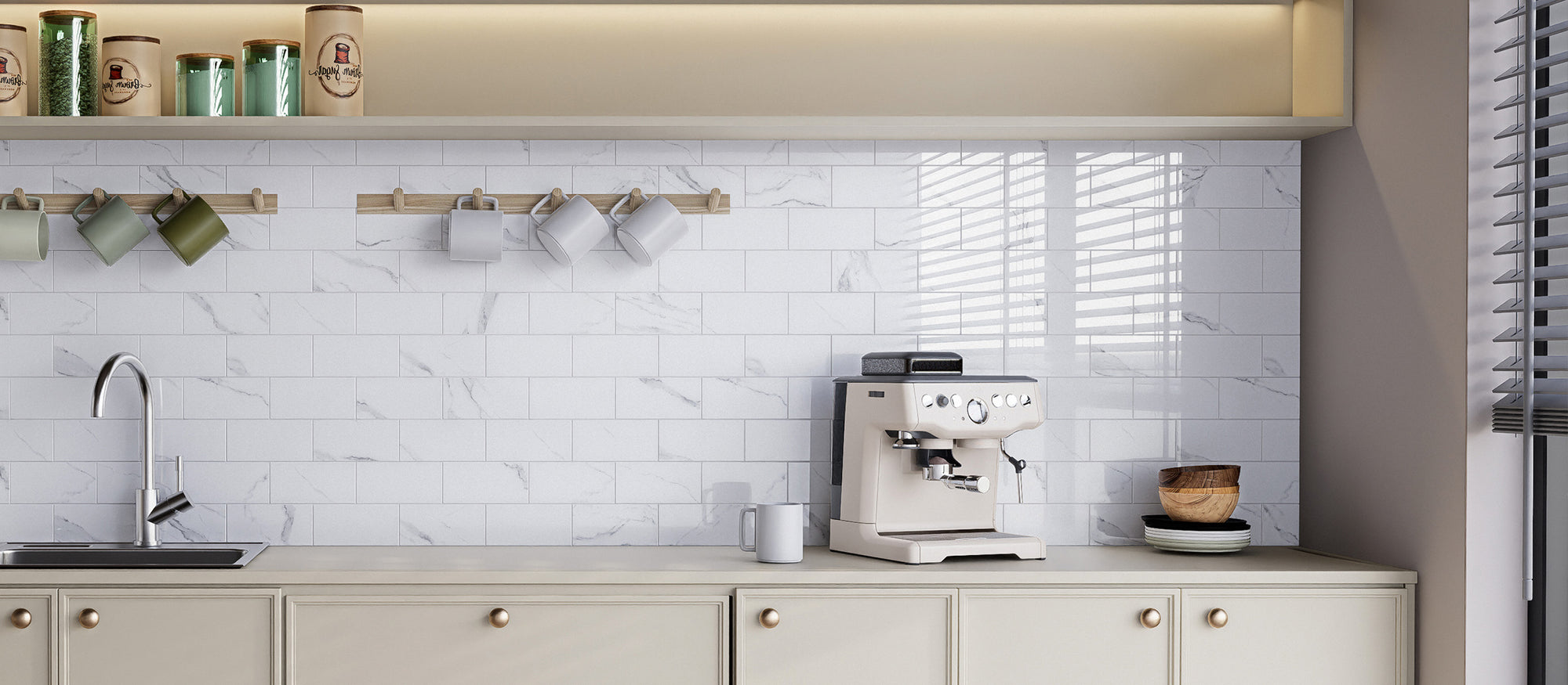 Glossy Carrara White subway peel and stick backsplash tiles on a kitchen coffee bar wall after installation