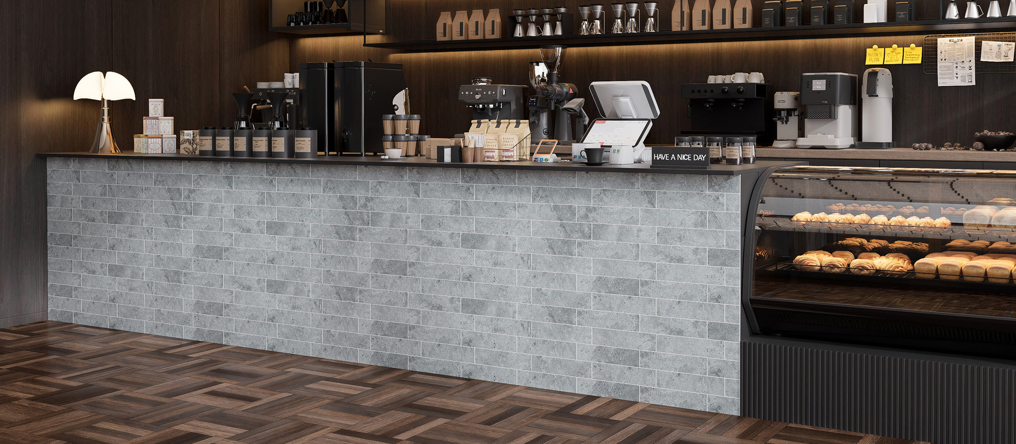 Matte Urban Concrete peel and stick backsplash tiles used on a coffee bar counter wall after installation