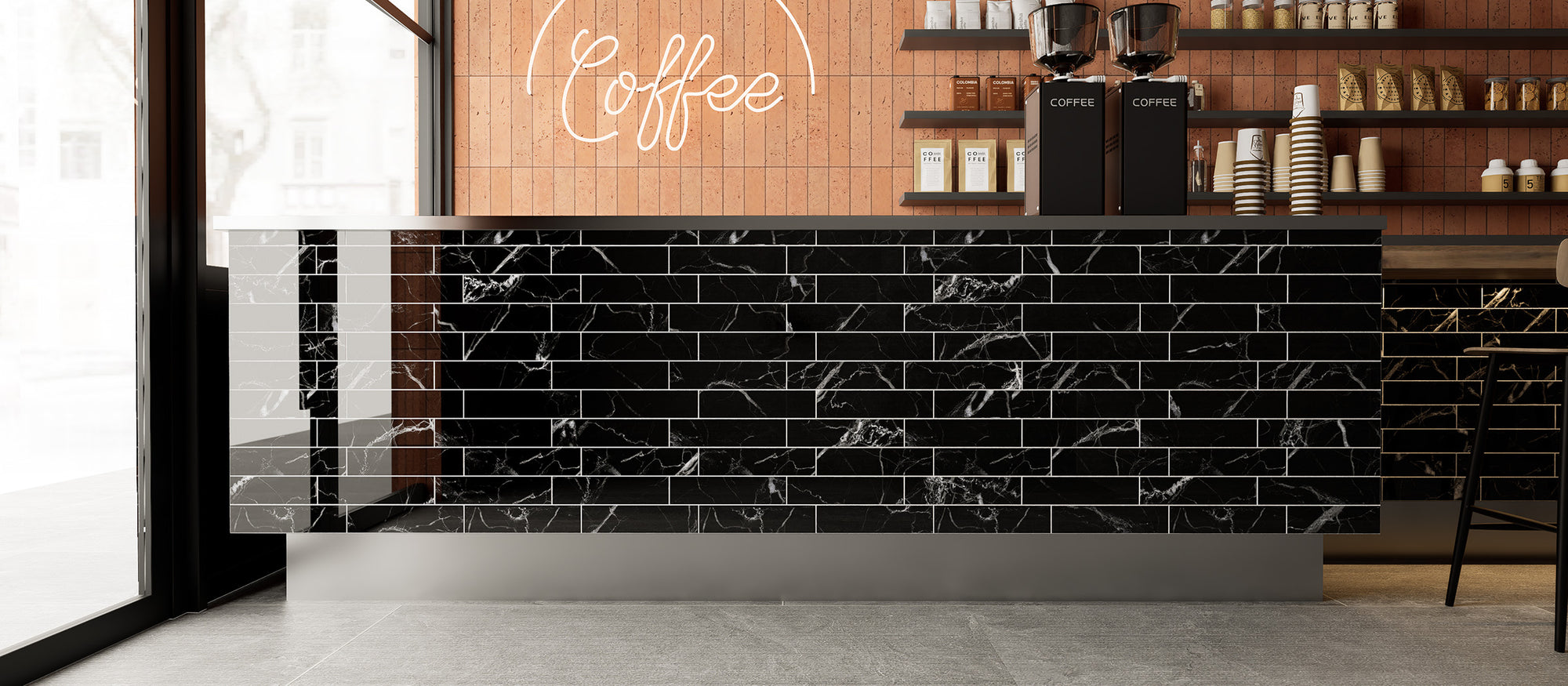 Glossy Midnight Marble peel and stick backsplash tiles used on a modern coffee bar counter wall after installation