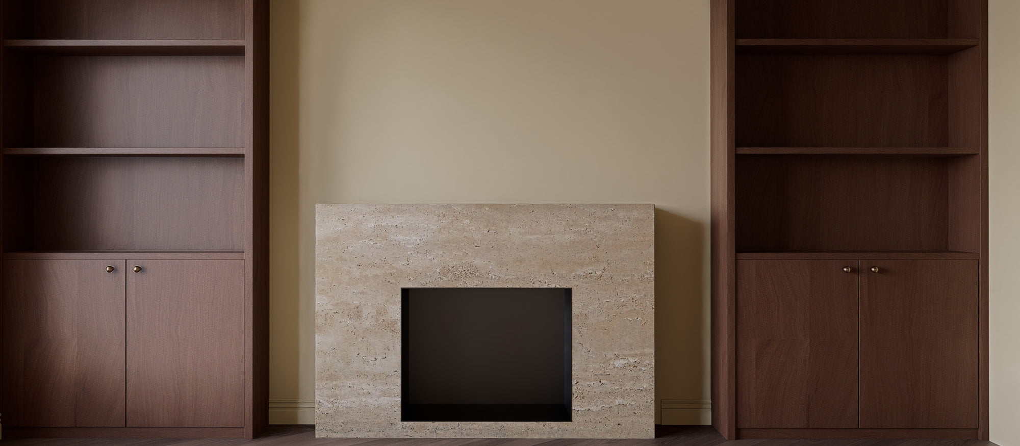 Living room fireplace wall before installing Matte Gobi Sandstone subway peel and stick backsplash tiles