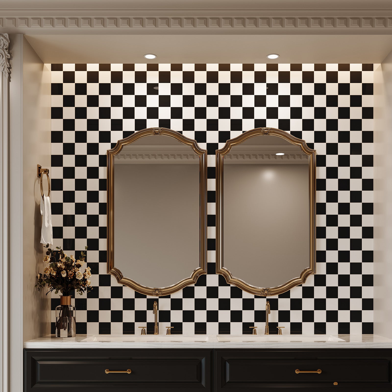 8" x 8" Square Glossy Black and White Peel and Stick Backsplash Tile