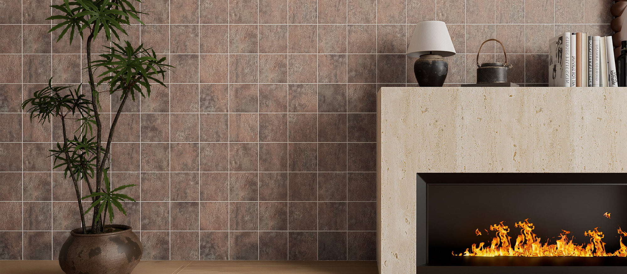 Matte Magma Stone square peel and stick backsplash tiles installed around a fireplace surround wall after installation