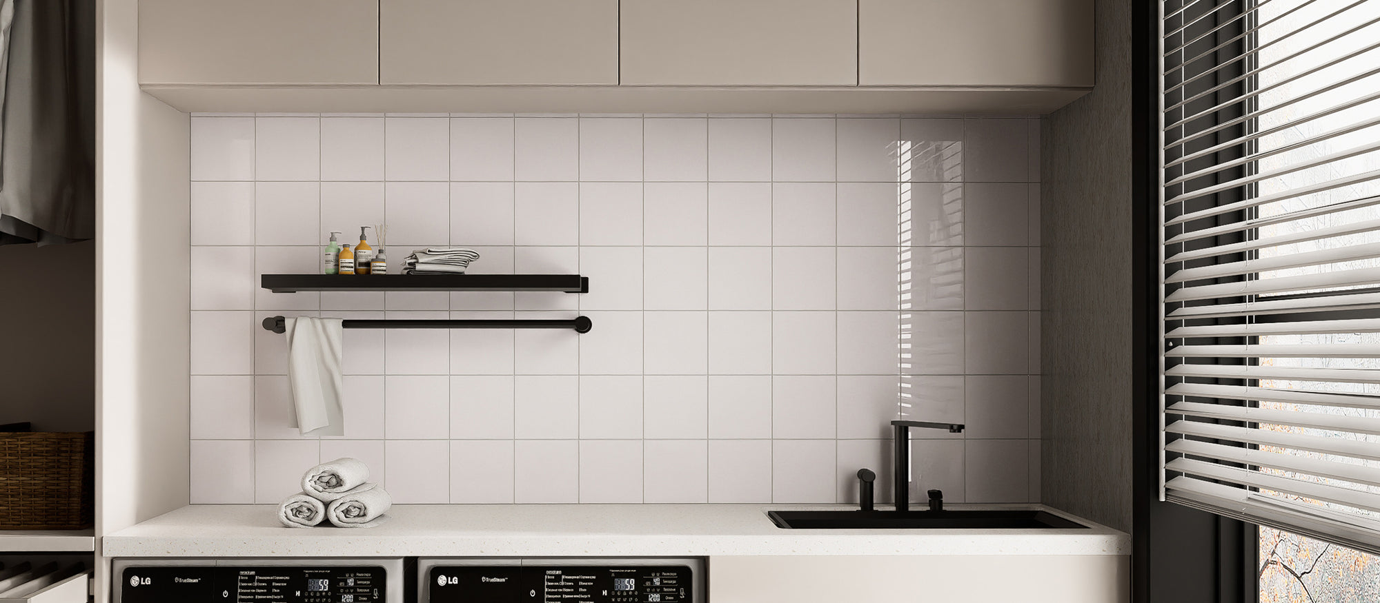 Glossy Pure White square peel and stick backsplash tiles used on a clean laundry room wall after installation