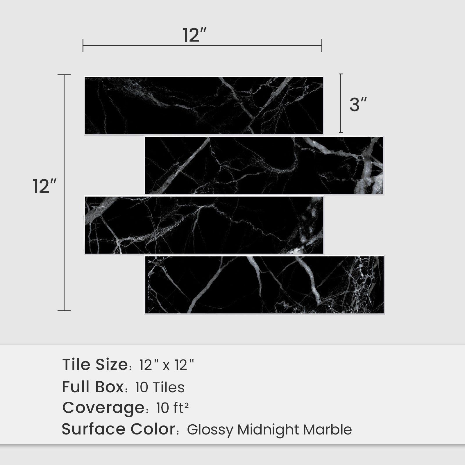 12" x 12" Subway Glossy Midnight Marble Peel and Stick Backsplash Tile