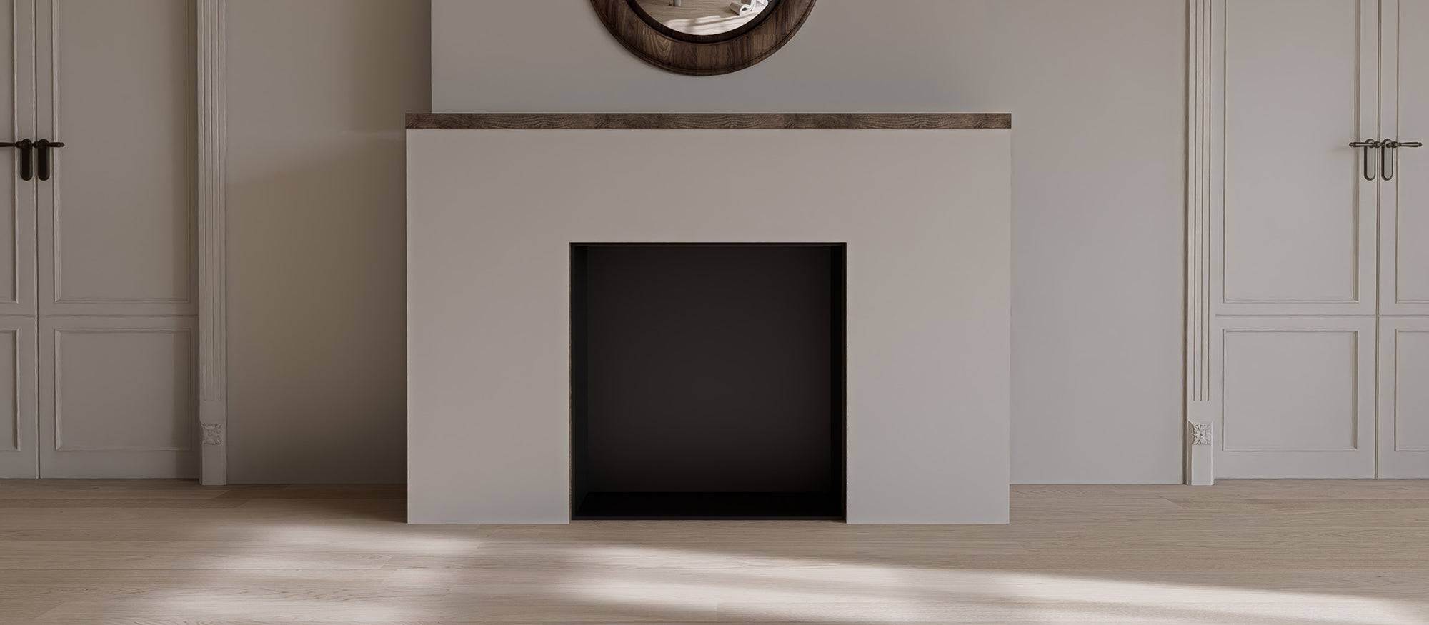 Fireplace surround wall before installing Matte Urban Concrete subway peel and stick backsplash tiles