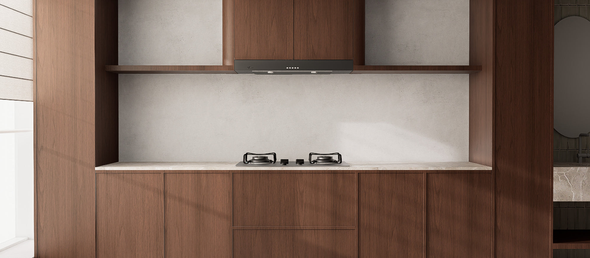 Kitchen cooktop wall before installing Glossy Midnight Marble subway peel and stick backsplash tiles