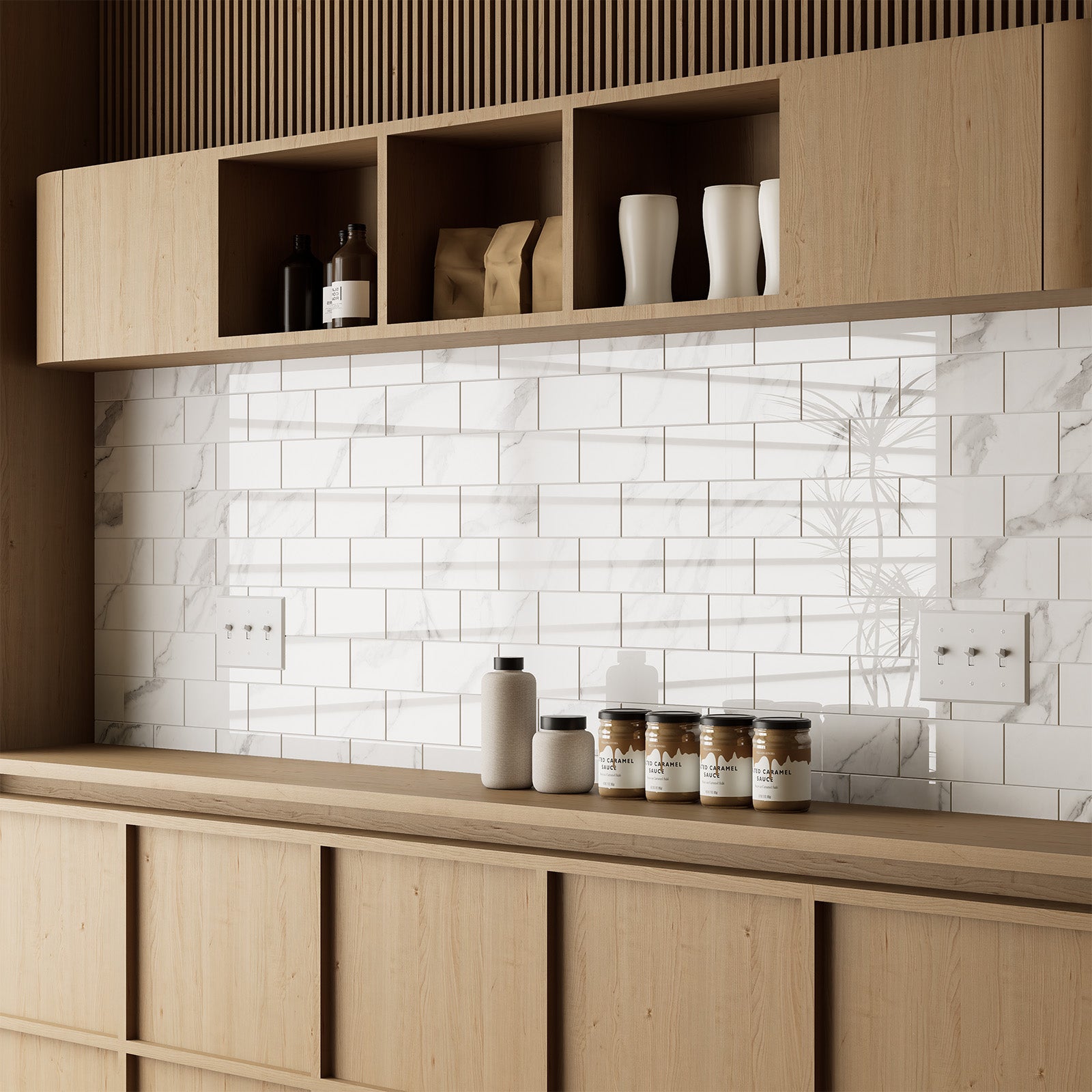 Glossy Carrara white subway tile backsplash with wood shelves and pantry jars