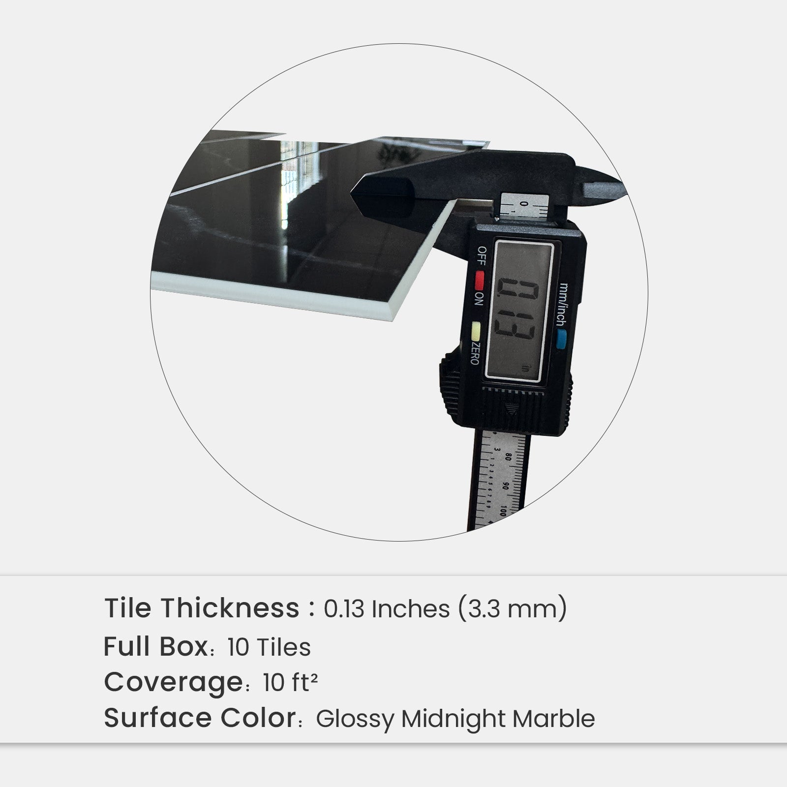 Glossy Midnight Marble peel and stick backsplash tile measuring 0.13 inches or 3.3 millimeters thick
