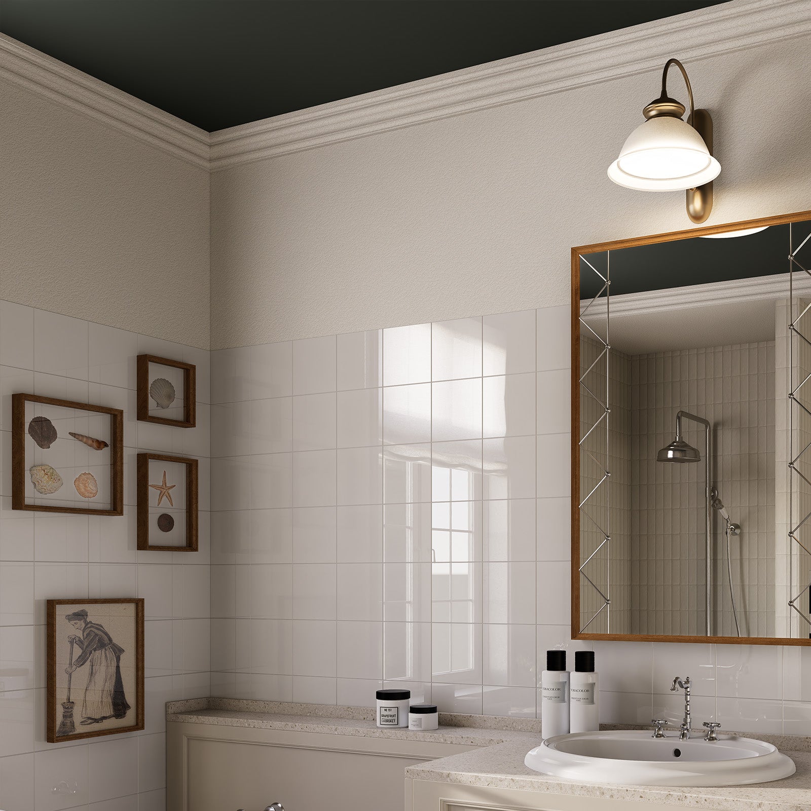 Glossy Pure White square peel and stick backsplash tiles installed on a bathroom vanity wall