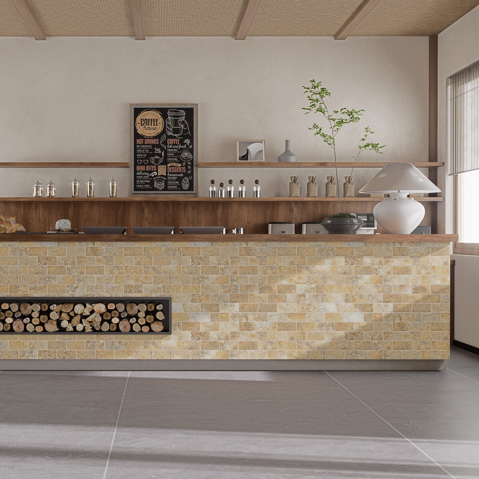 Matte Gobi Sandstone subway peel and stick tiles installed on a warm modern counter front