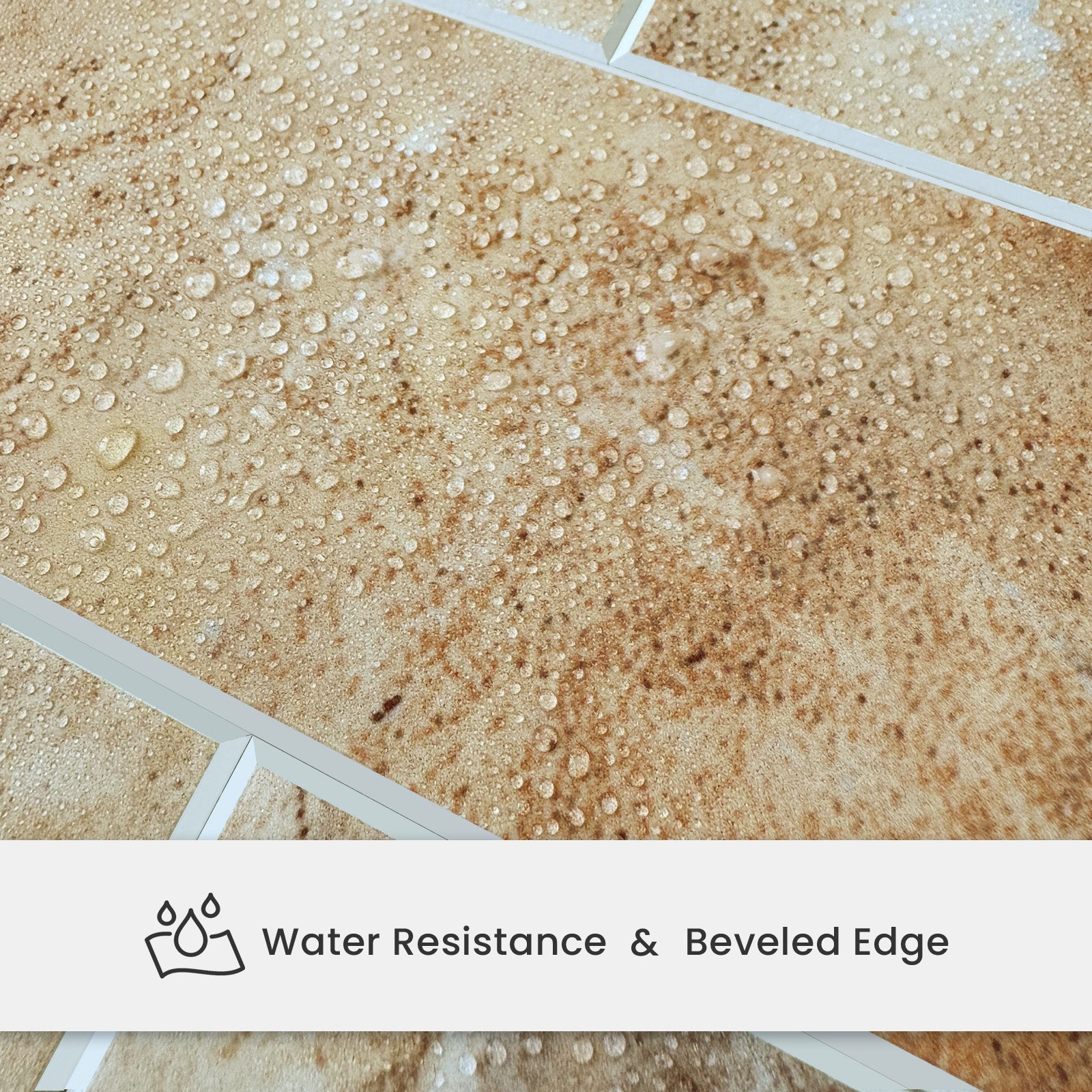Water droplets on Matte Gobi Sandstone backsplash tiles showing water resistance and beveled edges