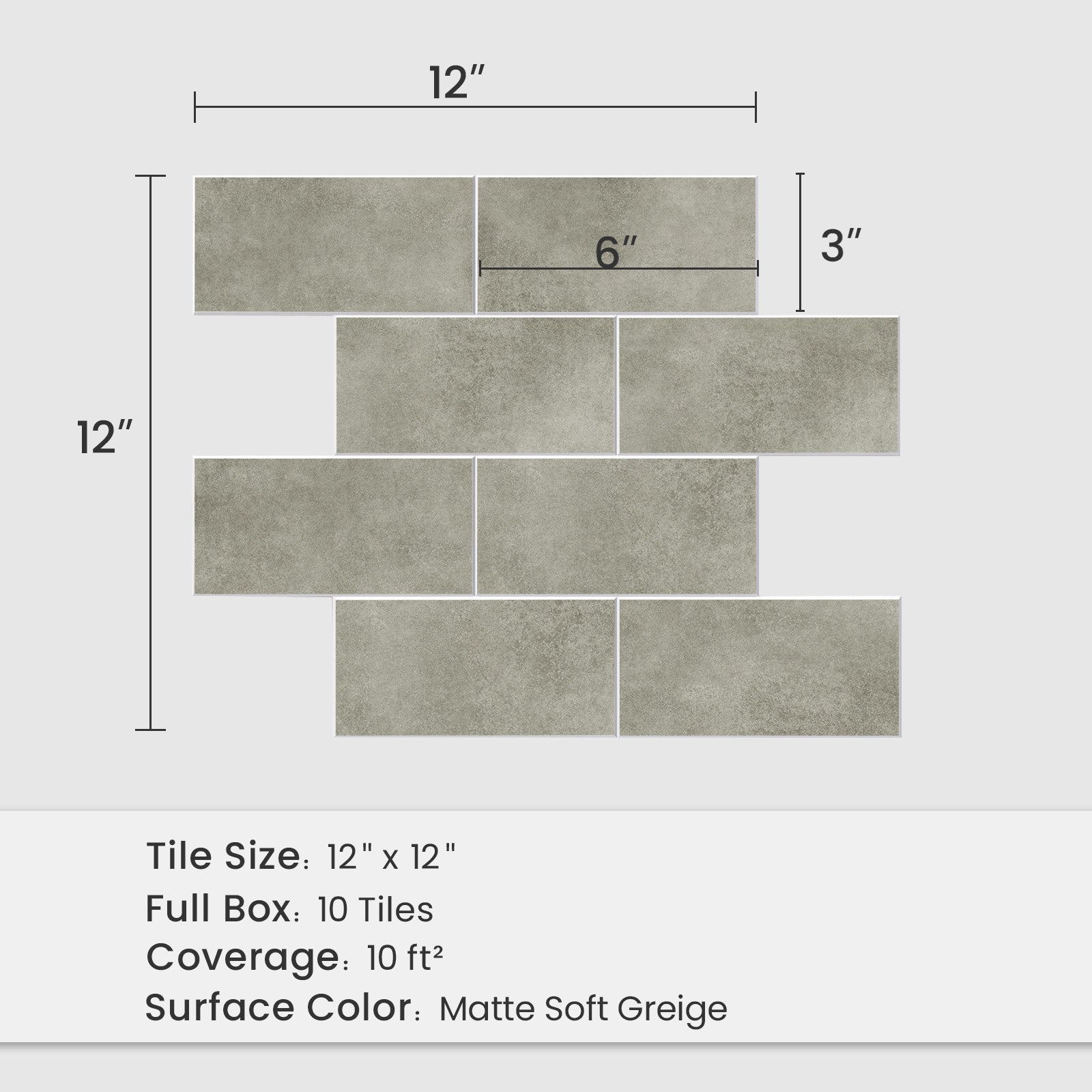 12 x 12 inch Matte Soft Greige backsplash sheet with 6 x 3 inch subway tiles and 10 square feet coverage
