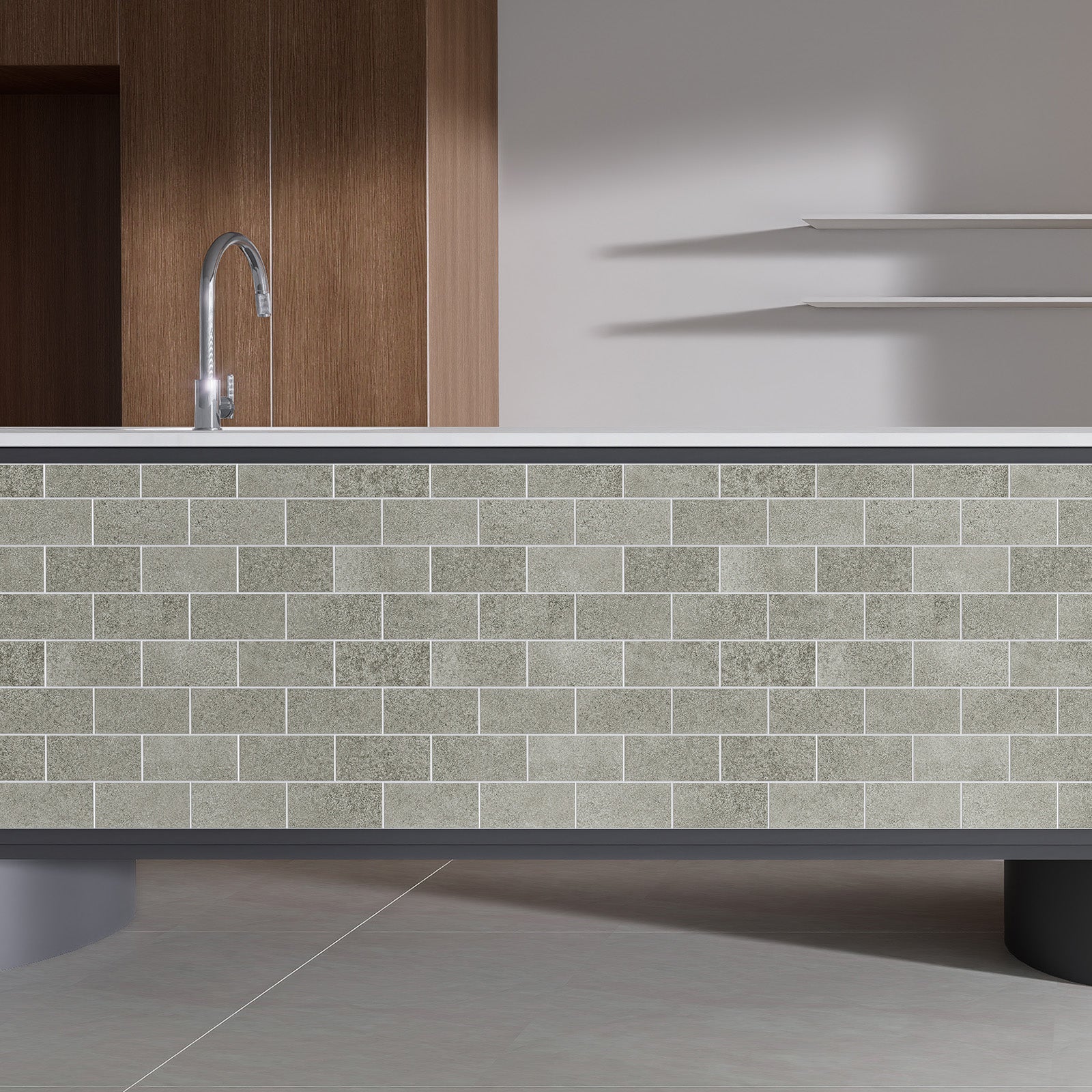 Matte Soft Greige subway peel and stick tiles used on a modern counter front with warm wood cabinetry