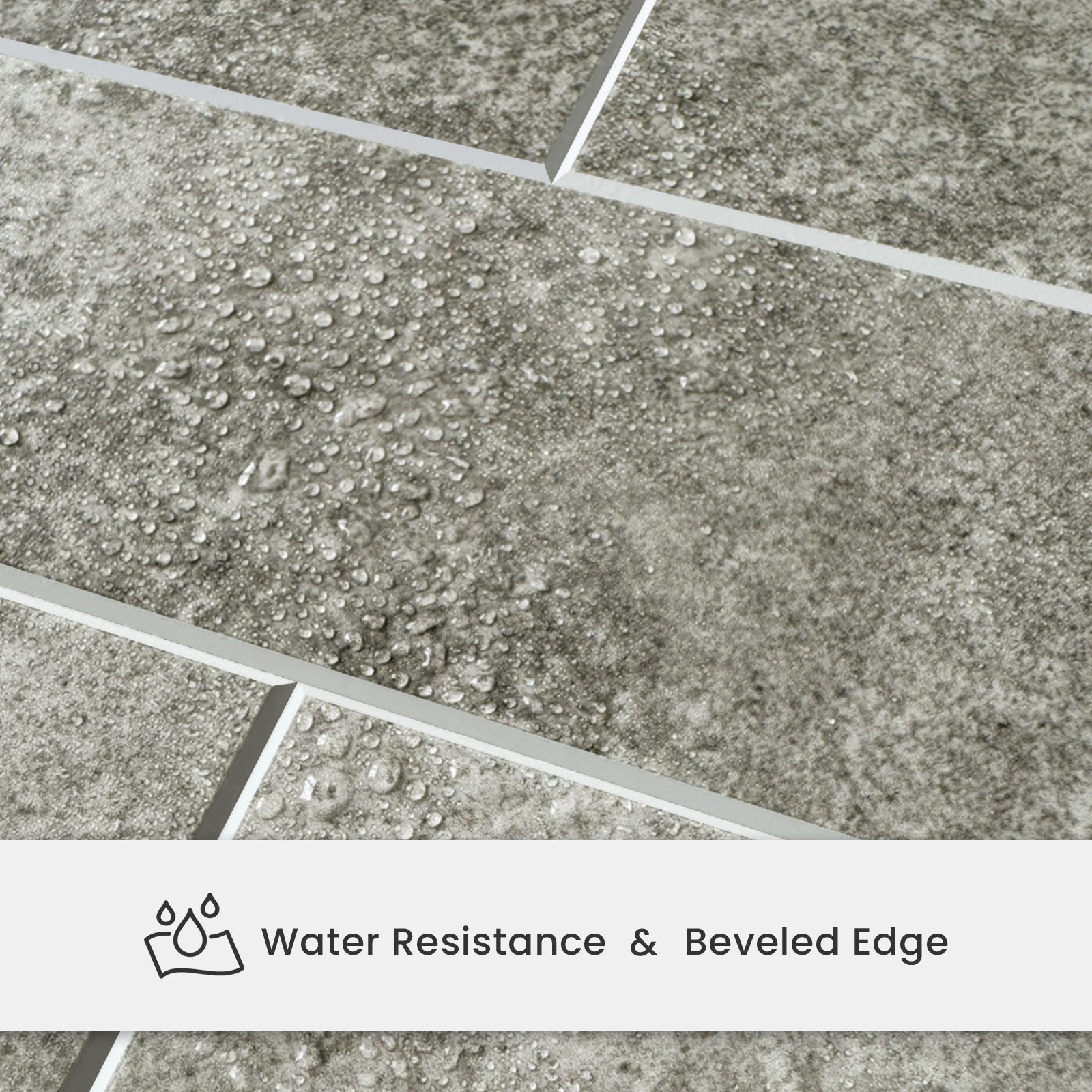 Close-up of Matte Soft Greige backsplash tiles showing water resistance and beveled edge detail