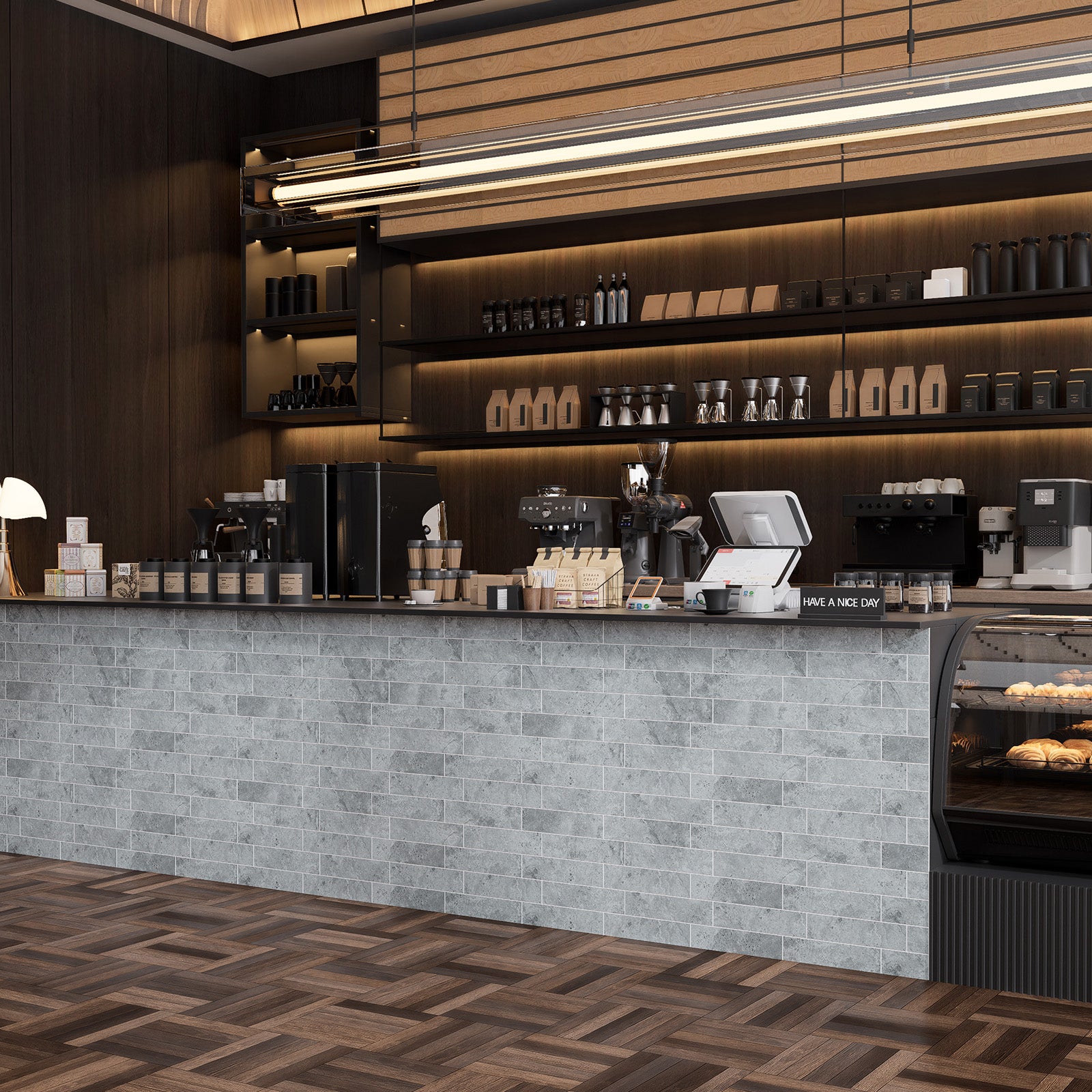 Matte Urban Concrete subway peel and stick tiles installed on a stylish coffee bar counter front