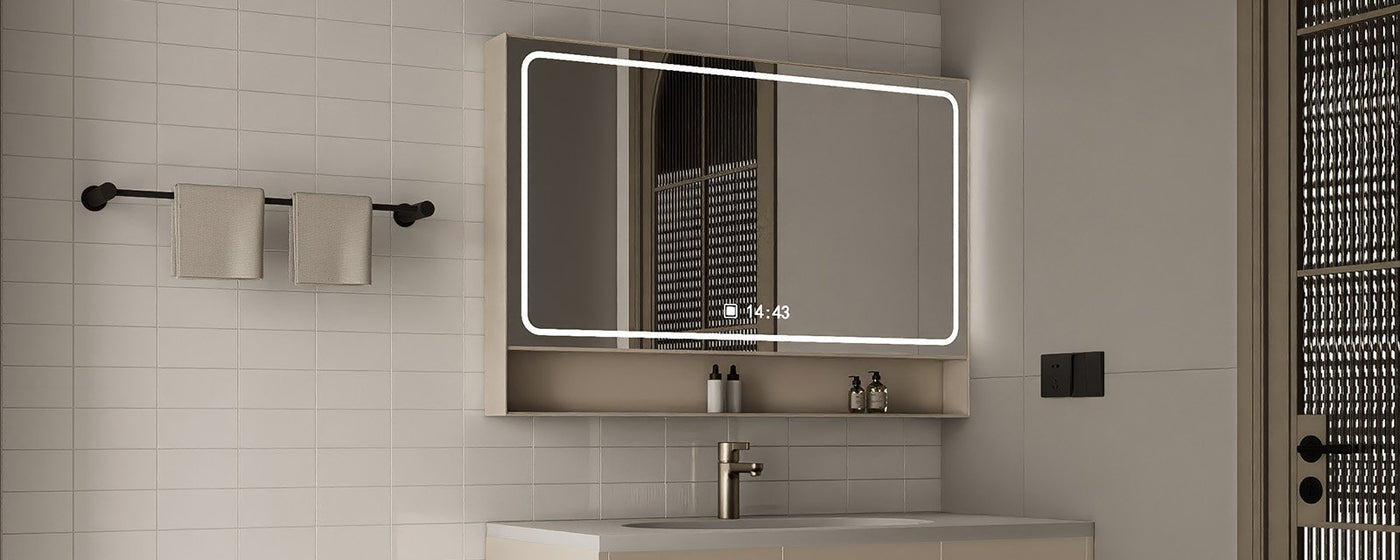 Modern bathroom vanity with a warm beige backsplash, floating cabinet, and LED mirror