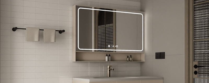 Modern bathroom vanity with a warm beige backsplash, floating cabinet, and LED mirror
