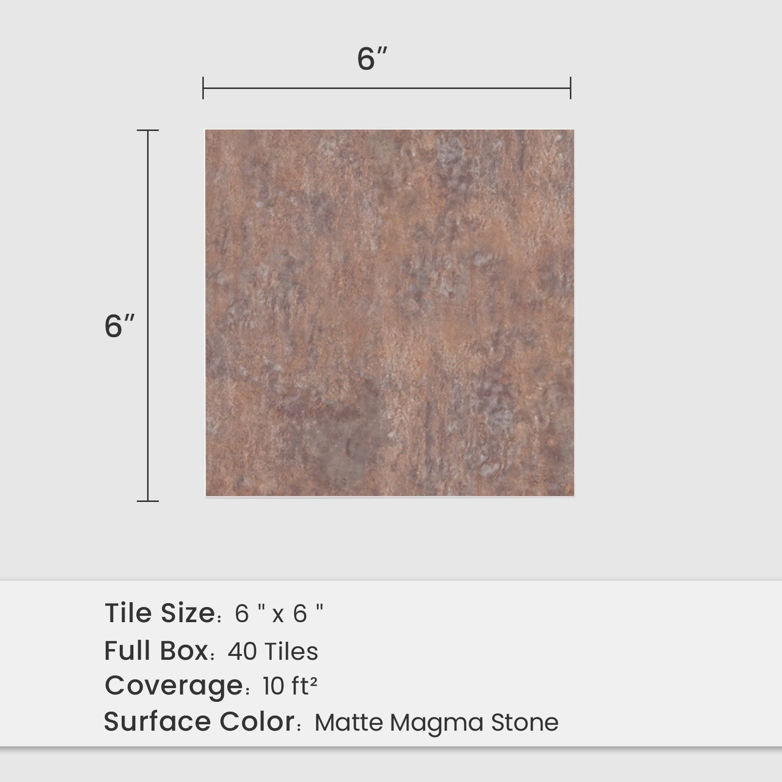 6" x 6" Square Matte Magma Stone Peel and Stick Backsplash Tile