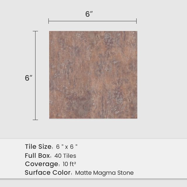 6" x 6" Square Matte Magma Stone Peel and Stick Backsplash Tile