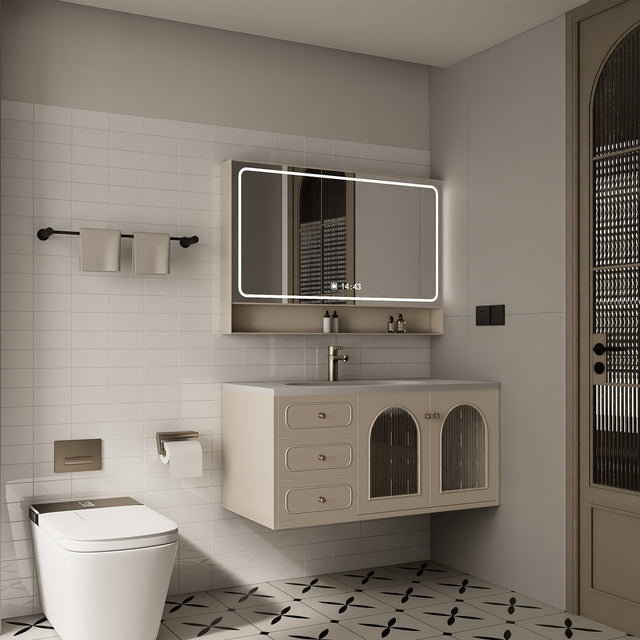 Glossy pure white rectangle peel and stick backsplash tile installed on a modern bathroom vanity wall