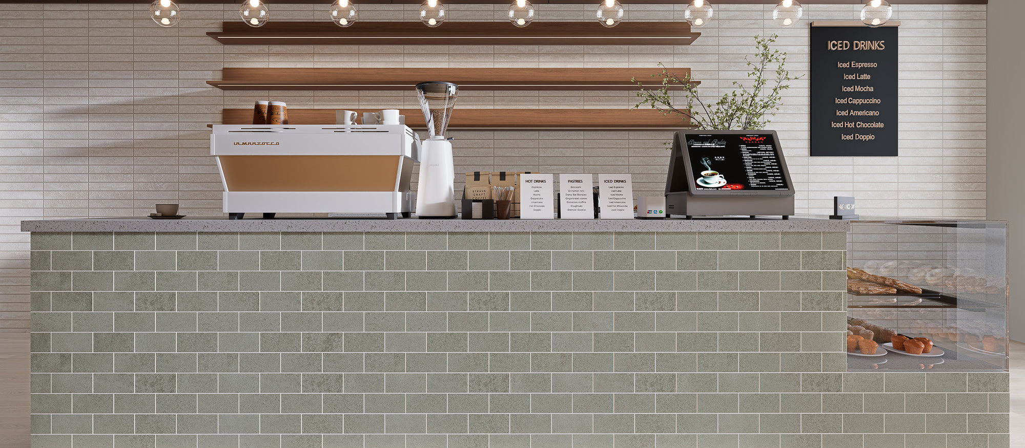 Matte Soft Greige subway peel and stick backsplash tiles installed on a modern coffee bar counter wall after installation