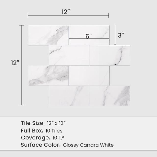 12 x 12 Carrara white subway peel and stick backsplash tile size guide