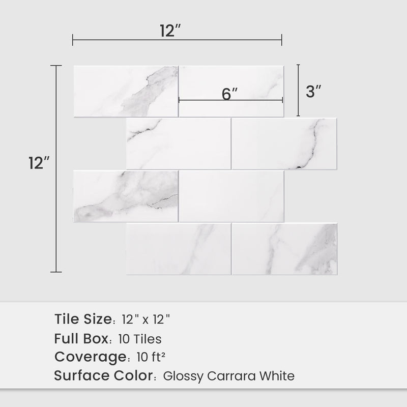 12 x 12 Carrara white subway peel and stick backsplash tile size guide