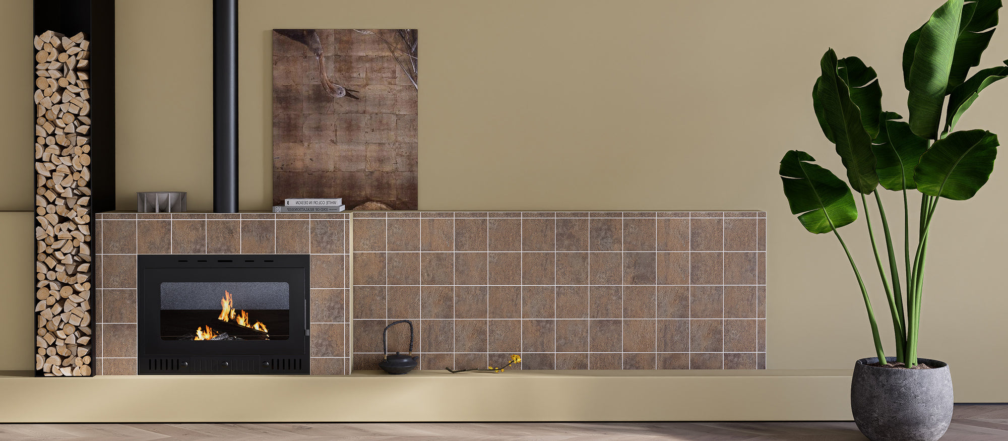 Matte Magma Stone square peel and stick backsplash tiles installed on a living room fireplace surround after installation