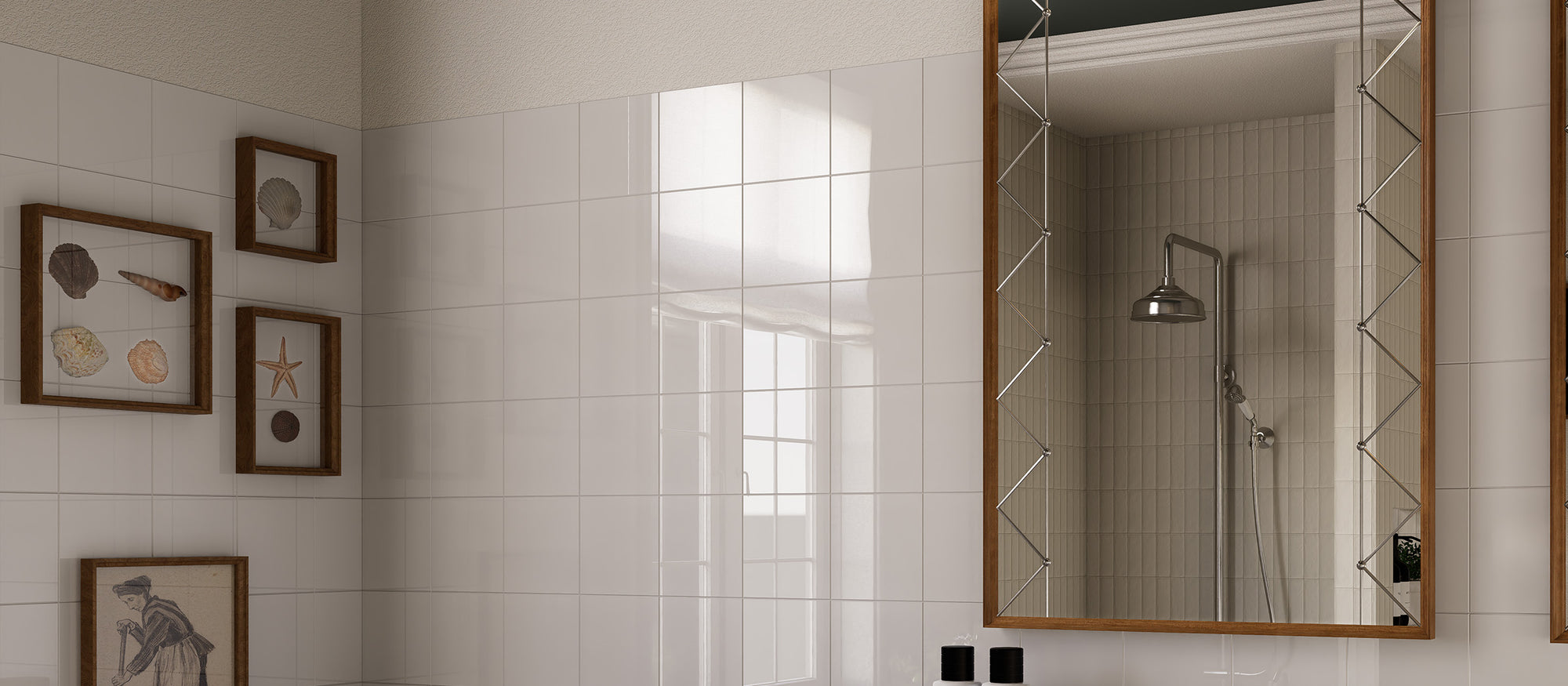 Glossy Pure White square peel and stick backsplash tiles installed on a bathroom wall after installation