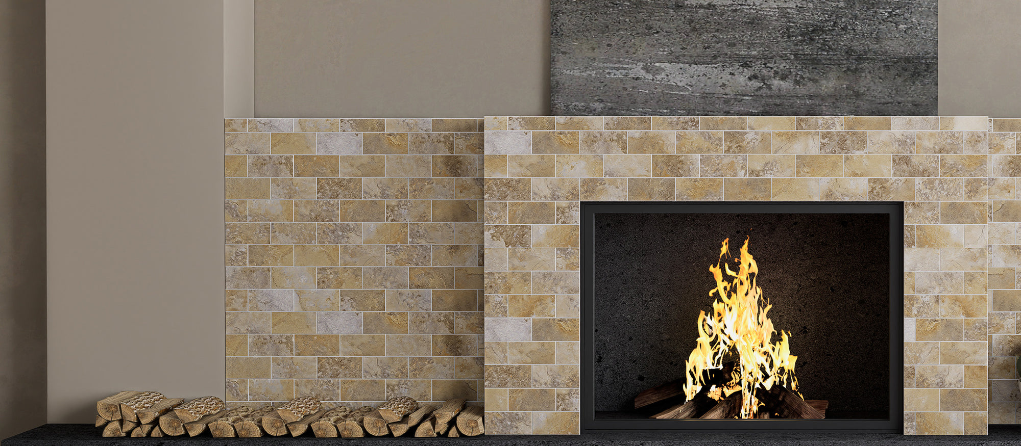 Matte Gobi Sandstone peel and stick backsplash tiles installed around a fireplace surround wall after installation