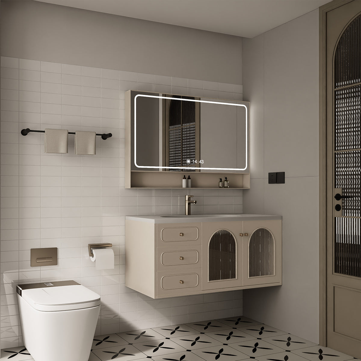 Glossy Pure White rectangle peel and stick backsplash tiles installed on a modern bathroom vanity wall