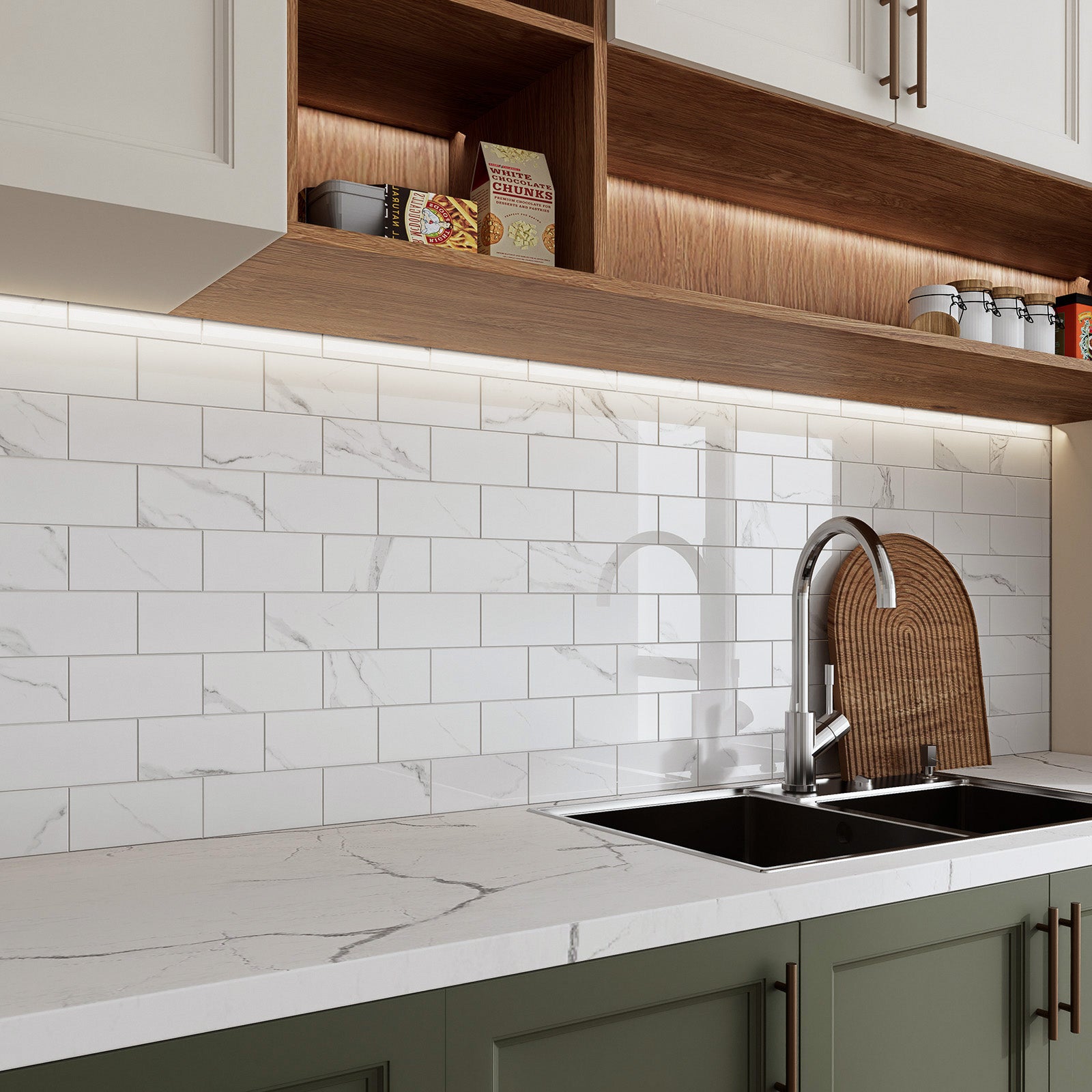 12" x 12" Subway Glossy Carrara White Peel and Stick Backsplash Tile