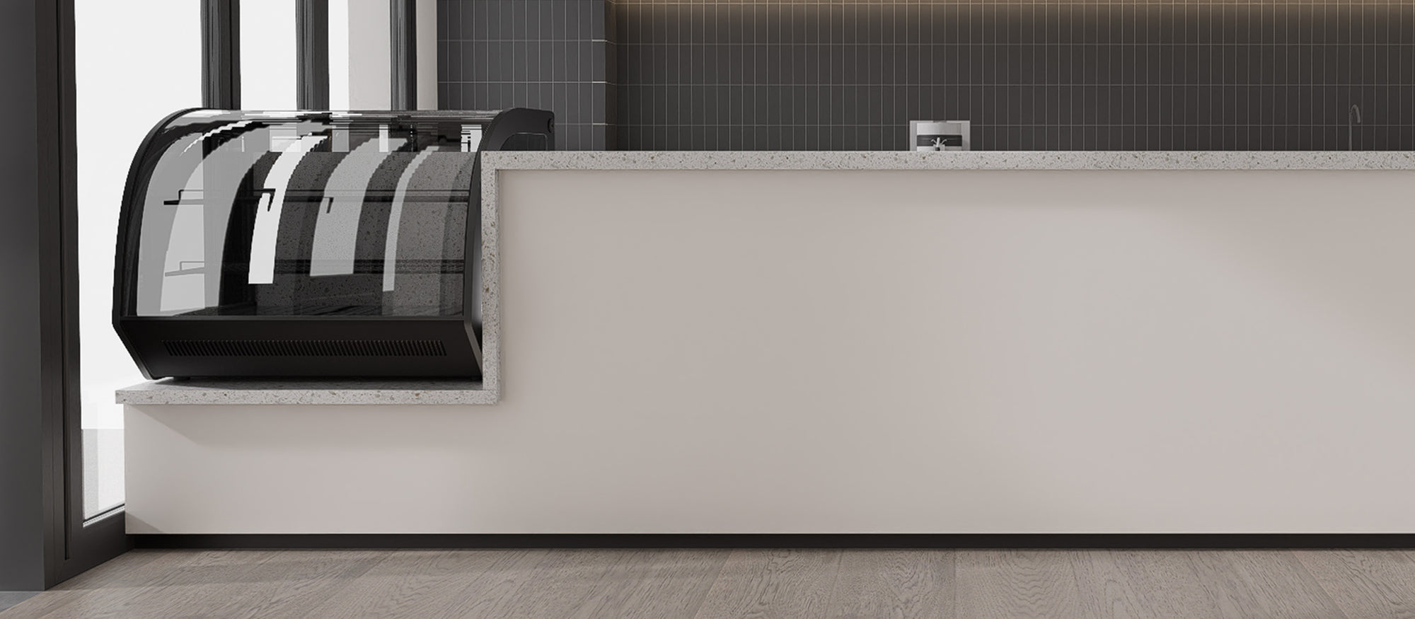 Bakery counter wall before installing Matte Urban Concrete subway peel and stick backsplash tiles