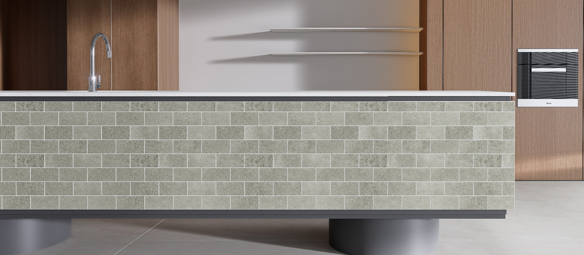Matte Soft Greige peel and stick backsplash tiles used on a modern counter wall after installation