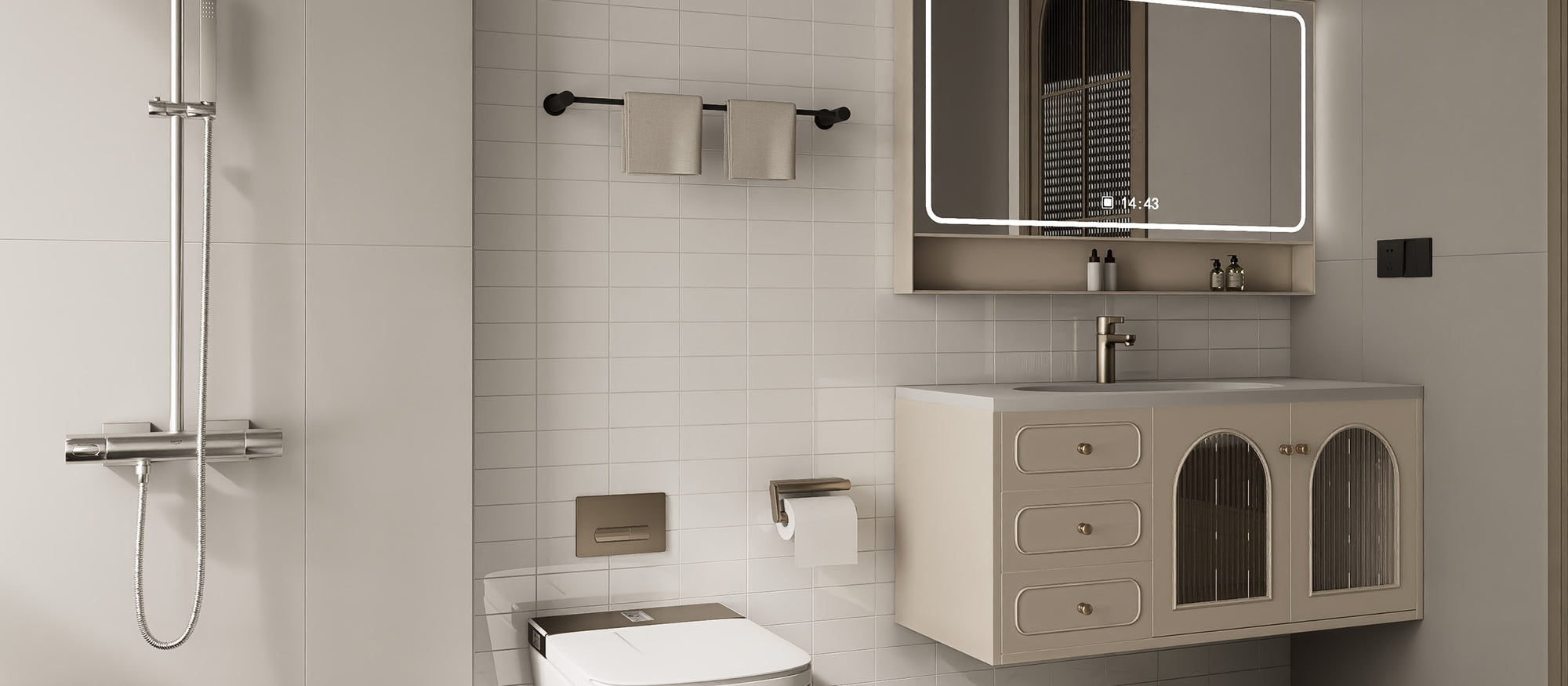Glossy Pure White rectangle peel and stick backsplash tiles installed on a modern bathroom wall after installation