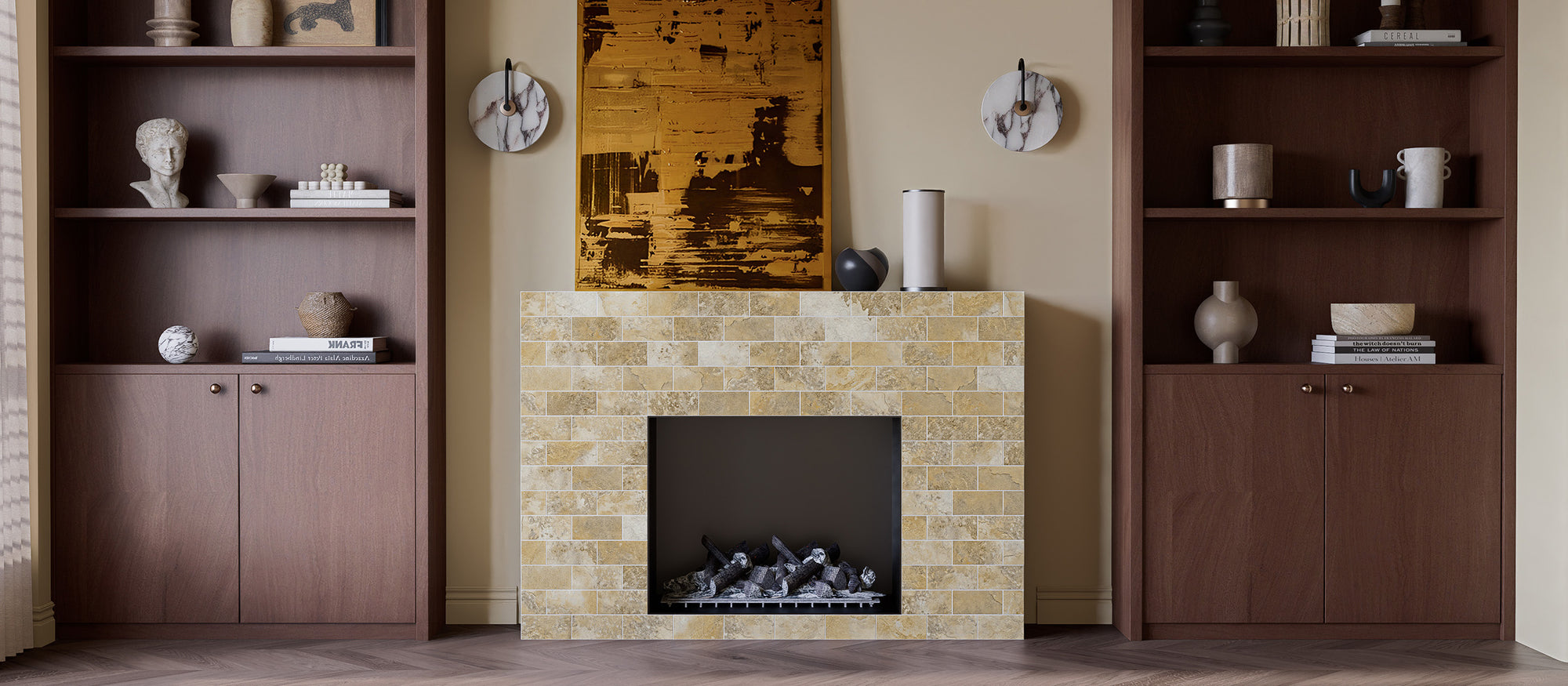 Matte Gobi Sandstone subway peel and stick backsplash tiles used on a living room fireplace surround after installation