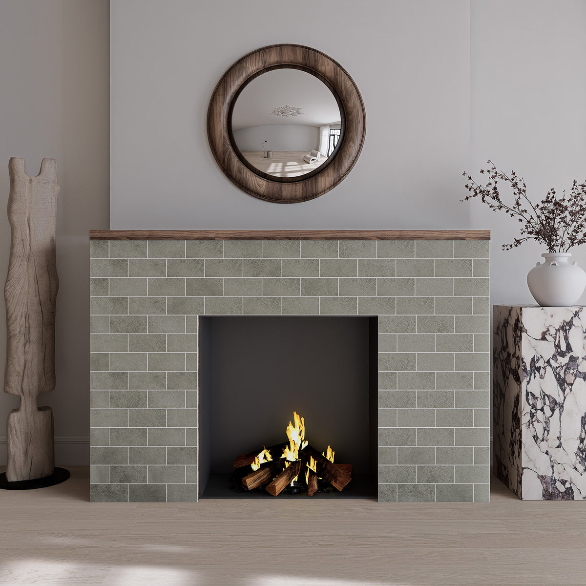 Matte Soft Greige subway peel and stick backsplash tiles installed around a fireplace surround wall