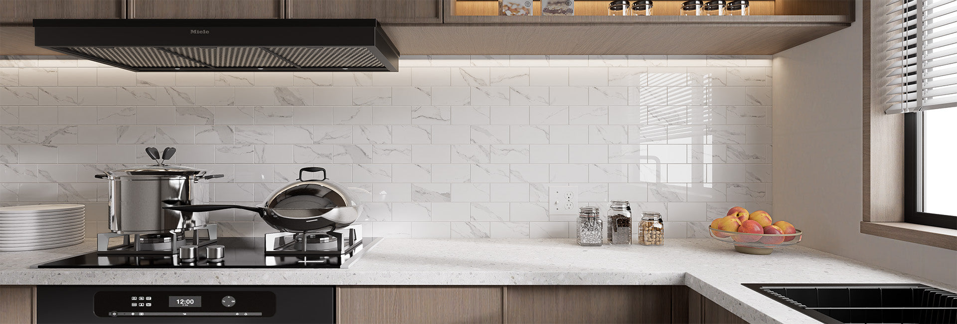 Glossy Carrara White subway peel and stick backsplash tiles used on a modern living room wall with shelves and wood cabinet