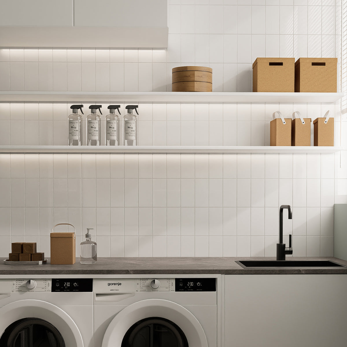 Glossy Pure White rectangle peel and stick backsplash tiles used as a bright laundry room backsplash behind a utility sink