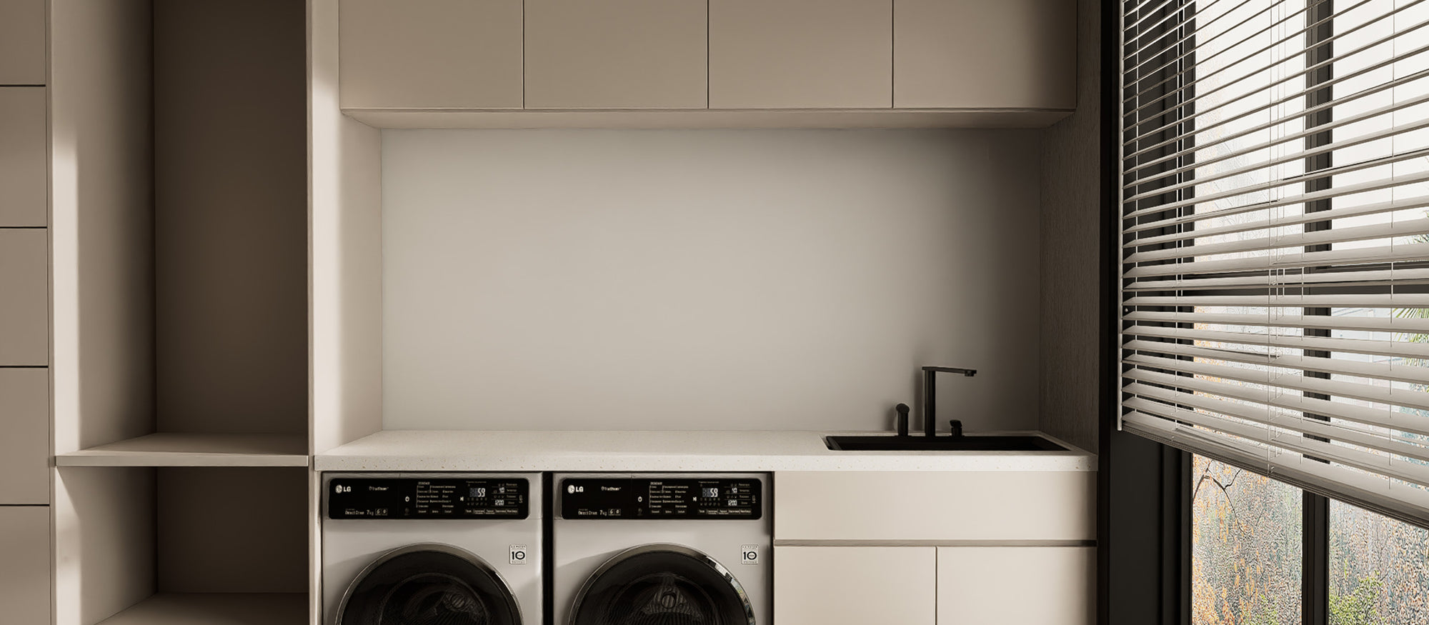 Laundry room wall before installing Glossy Pure White square peel and stick backsplash tiles