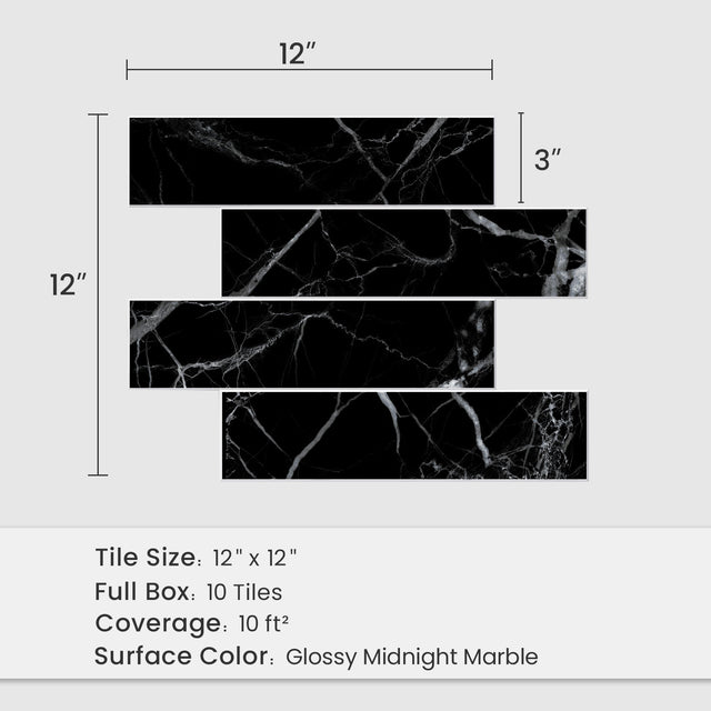 12" x 12" Subway Glossy Midnight Marble Peel and Stick Backsplash Tile