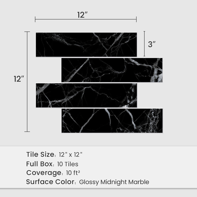 12" x 12" Subway Glossy Midnight Marble Peel and Stick Backsplash Tile