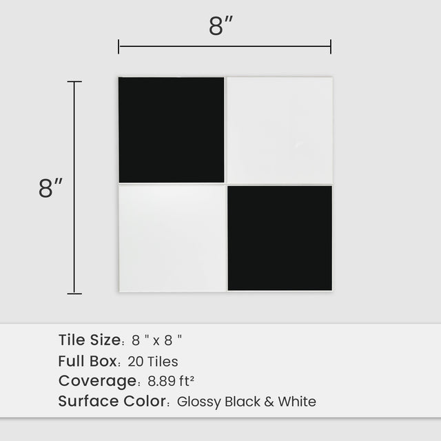 8" x 8" Square Glossy Black and White Peel and Stick Backsplash Tile