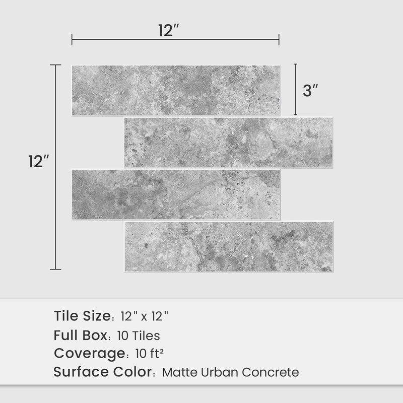 12" x 12" Subway Matte Urban Concrete Peel and Stick Backsplash Tile