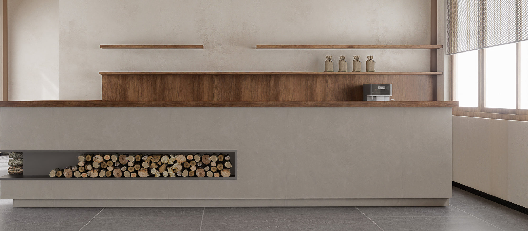 Coffee bar wall before installing Matte Gobi Sandstone subway peel and stick backsplash tiles