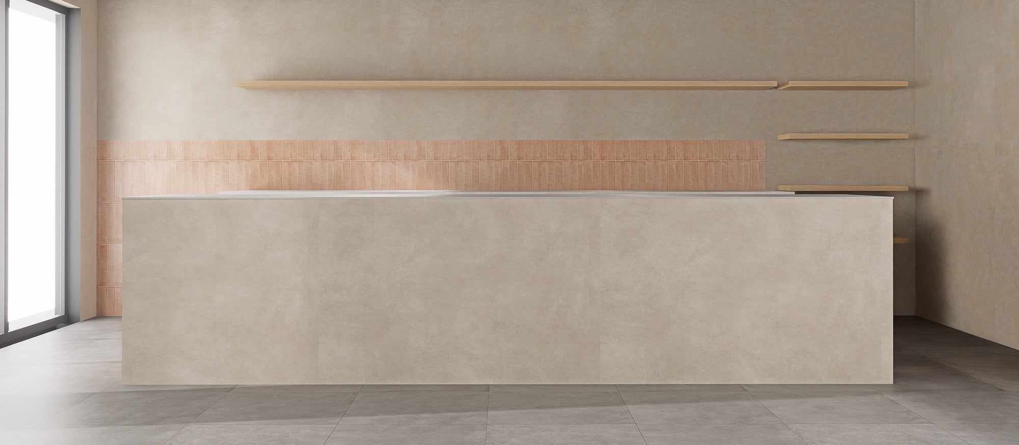 Coffee bar counter wall before installing Matte Magma Stone square peel and stick backsplash tiles