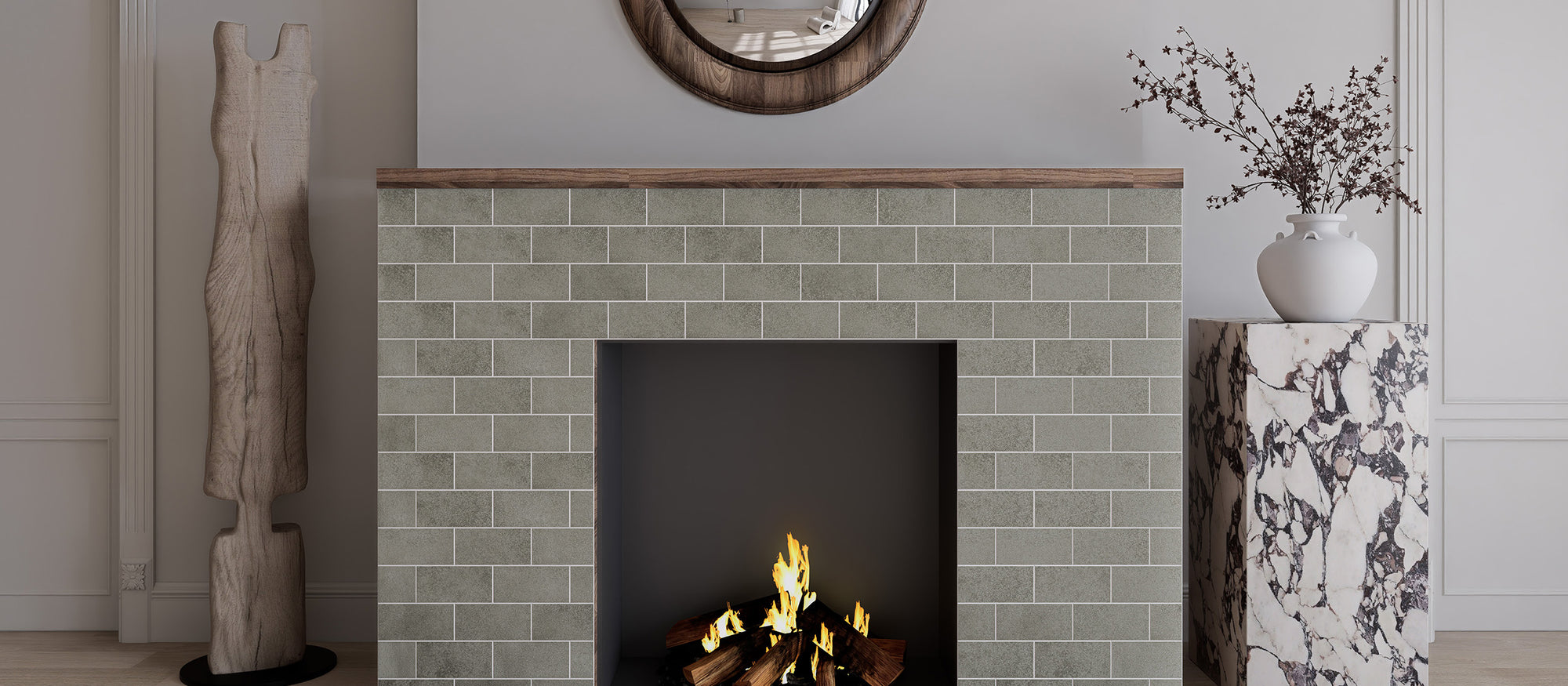 Matte Soft Greige subway peel and stick backsplash tiles installed around a fireplace surround wall after installation