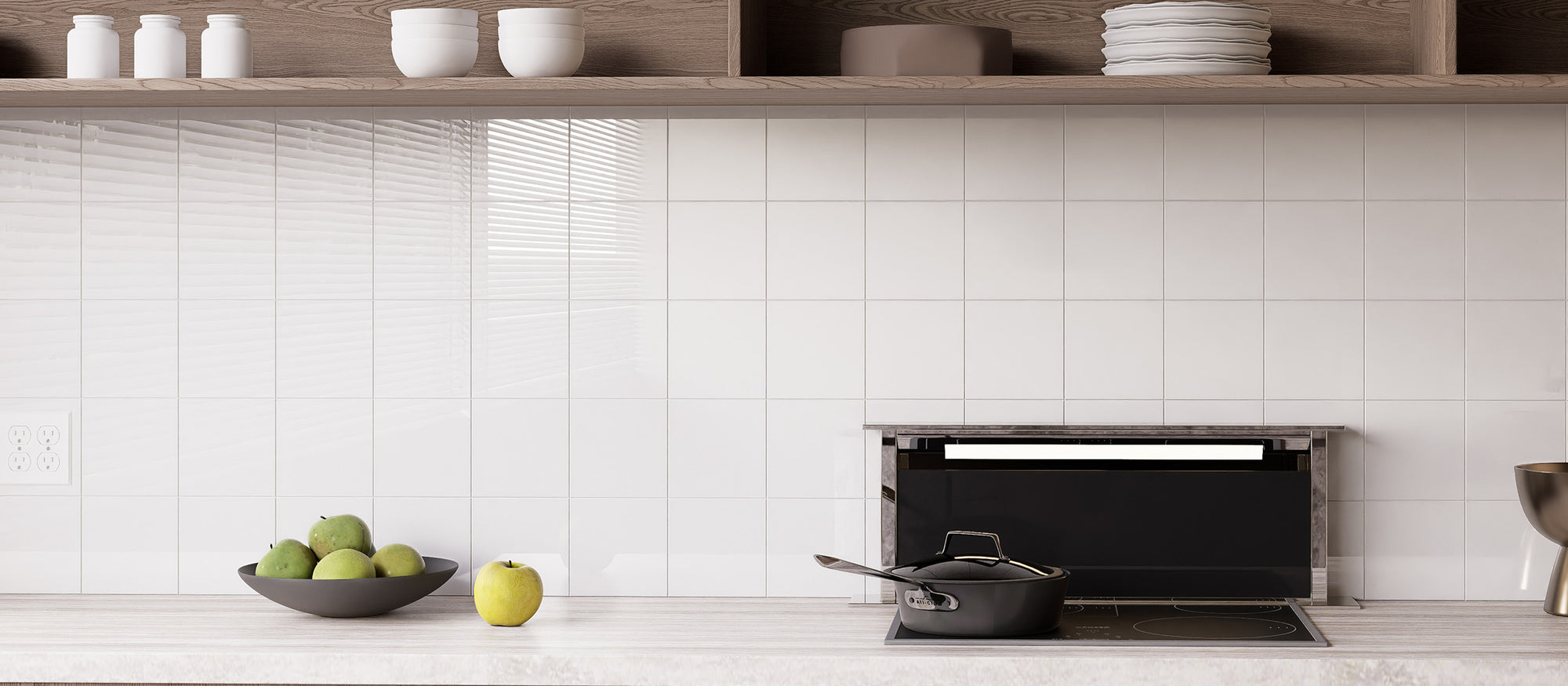 Glossy Pure White square peel and stick backsplash tiles installed behind a kitchen cooktop after installation
